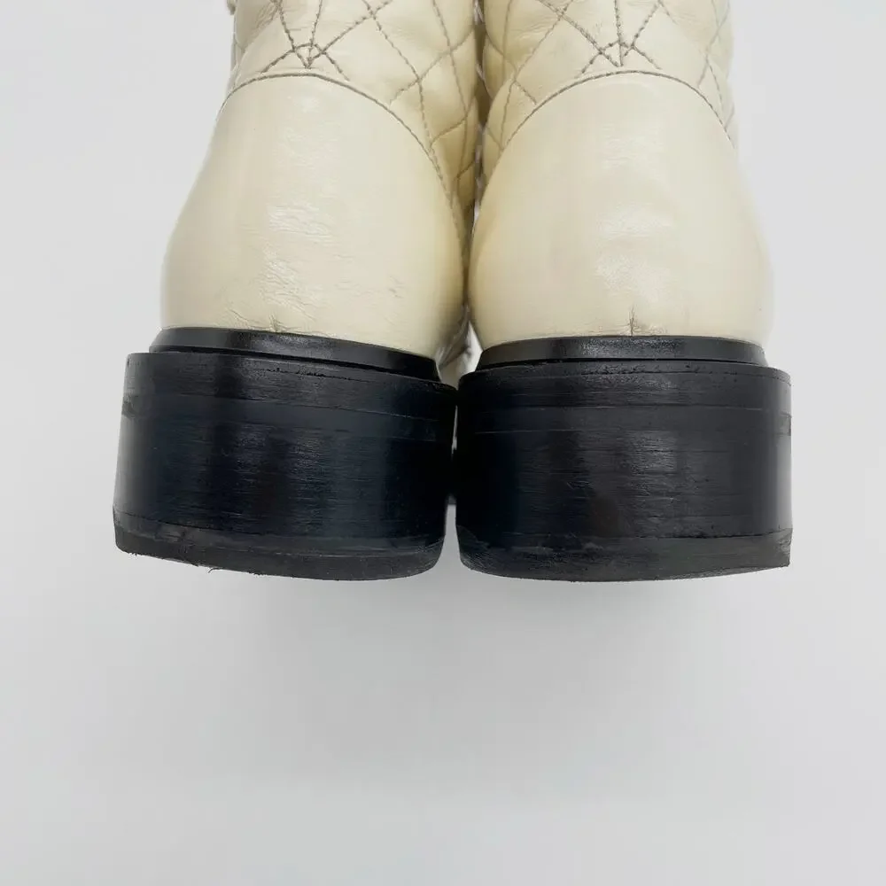 Chanel Brave Ivory Black Quilted Leather Chain CC Cap Tap Combat Boots EU 41